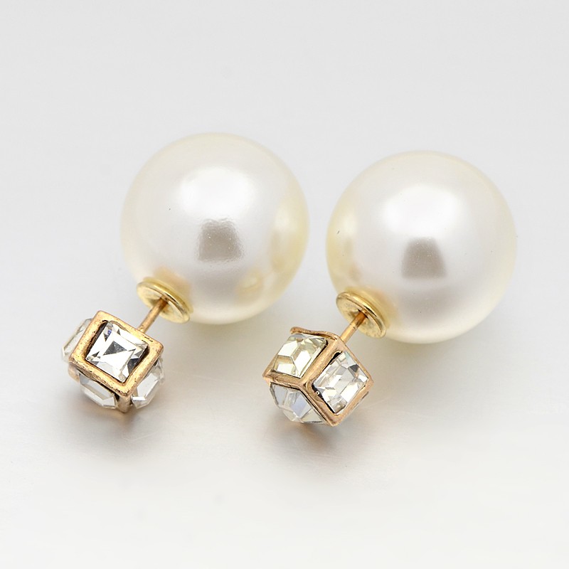 PandaHall ABS Pearl Ball Ear Studs, with Alloy Rhinestone and Steel Pin, AntiqueWhite, 24x16mm; Pin: 0.5mm Pearl Orange
