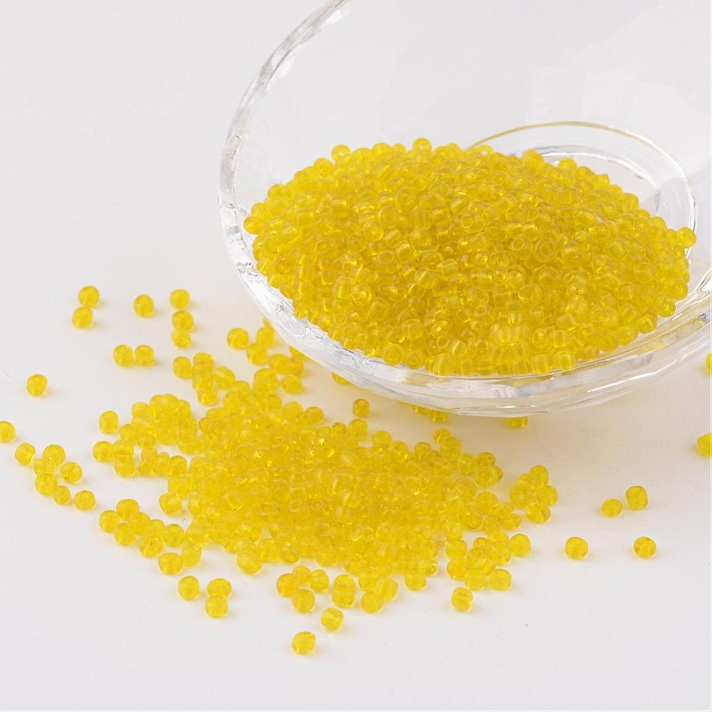PandaHall 8/0 Glass Seed Beads, Transparent, Round, Yellow, 3mm, Hole: 1mm; about 1097pcs/50g Glass Yellow