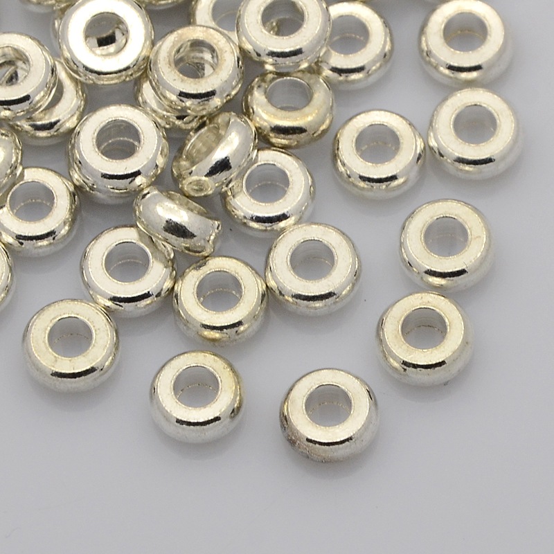 PandaHall Brass Beads, Flat Round, Silver, 7x3mm, Hole: 3mm Brass Flat Round Silver