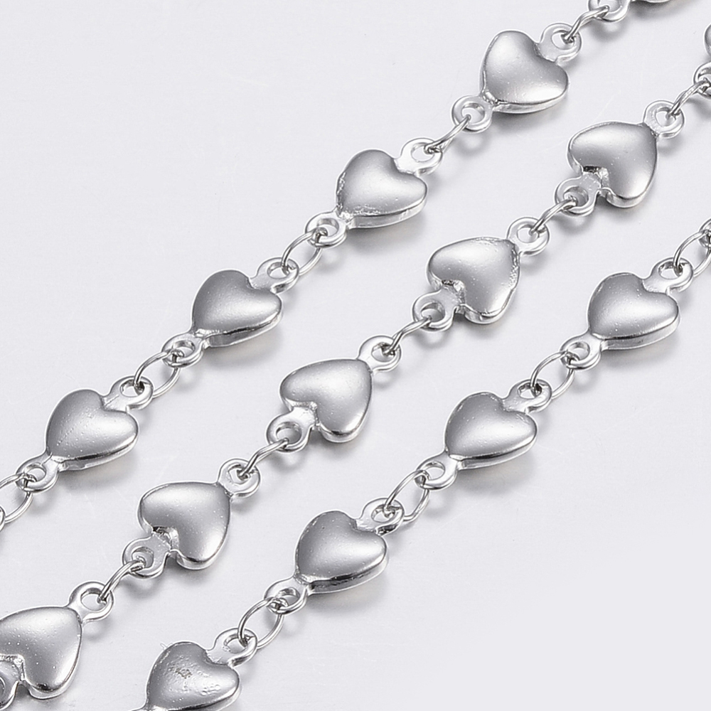 PandaHall 304 Stainless Steel Chains, Heart Link Chains, Stainless Steel Color, 10x5x2mm Stainless Steel