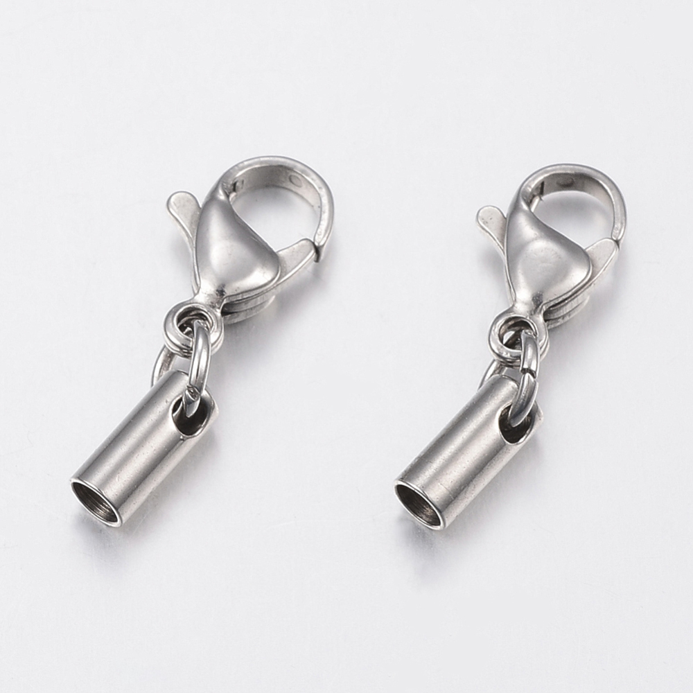 PandaHall Smooth 304 Stainless Steel Lobster Claw Clasps, with Cord Ends, Stainless Steel Color, 20mm, Hole: 2.5mm Stainless Steel Column