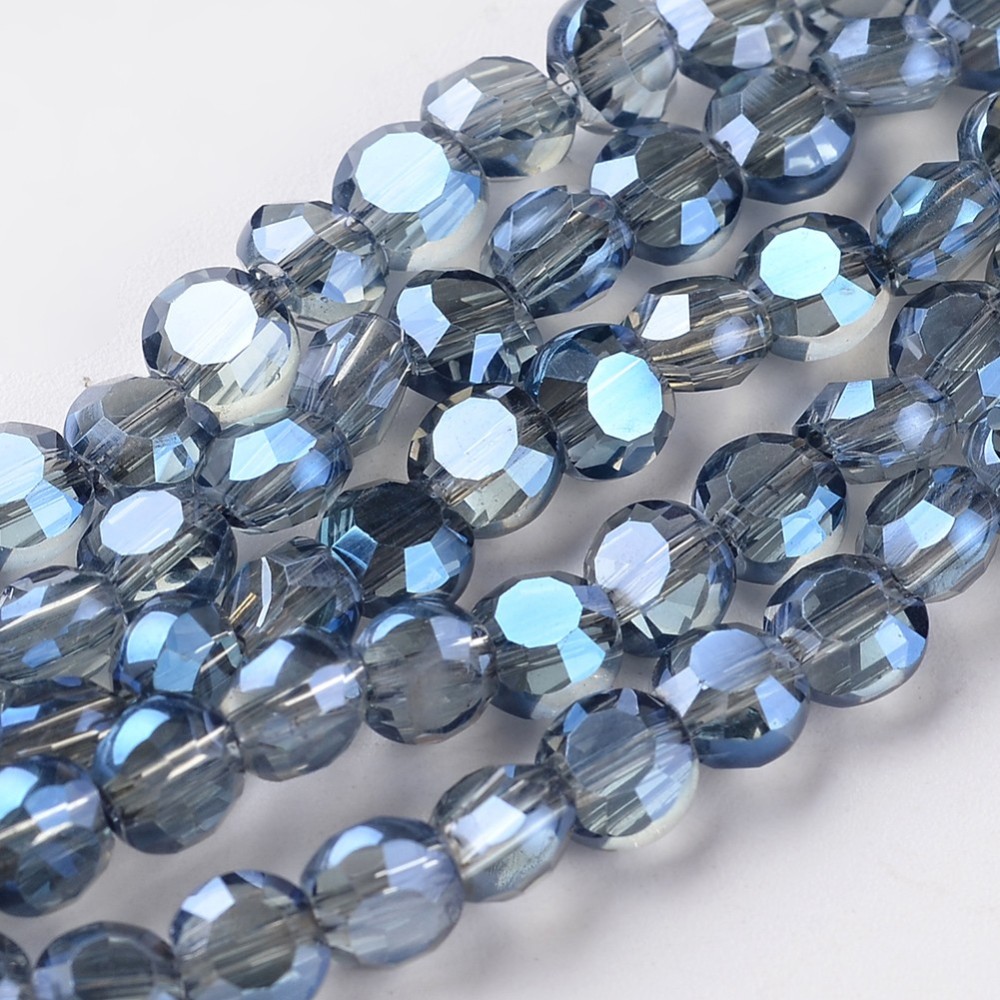 PandaHall Electroplate Glass Bead Strands, Full Rainbow Plated, Flat Round, Faceted, SteelBlue, 5~6x4mm, Hole: 1mm; about 72pcs/strand, 15"...