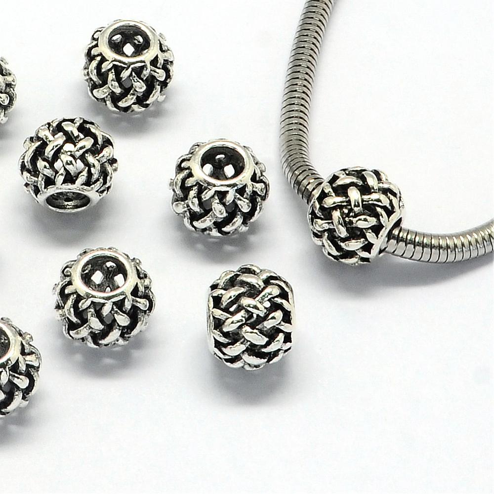 PandaHall Alloy European Beads, Large Hole Beads, Rondelle, Hollow, Antique Silver, 11x9mm, Hole: 4.5mm Alloy Rondelle