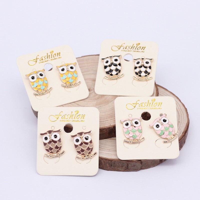 PandaHall Golden Plated Alloy Enamel Owl Stud Earring, Mixed Color, 17x13mm; Pin: 0.6mm Alloy Multicolor