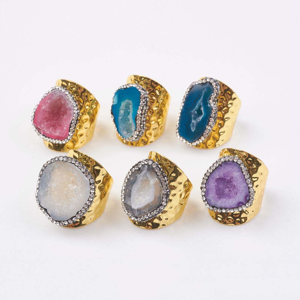 PandaHall Natural Druzy Agate Cuff Finger Rings, with Polymer Clay Rhinestone and Brass Findings, Oval, Golden, Mixed Color, Size 8, 18mm...