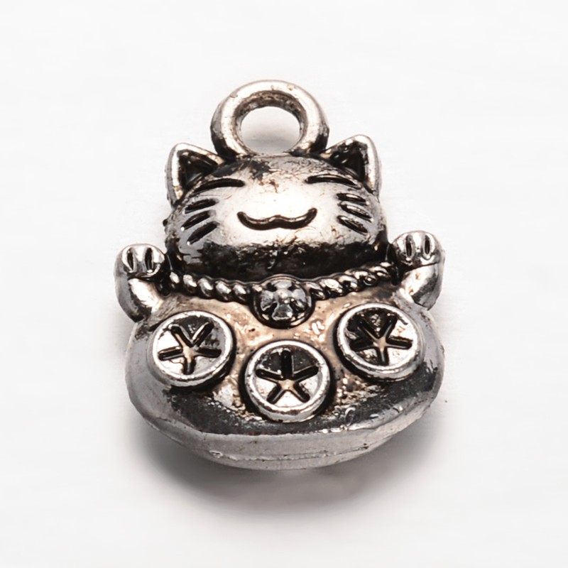 PandaHall Tibetan Style Zinc Alloy Cat Charms, Antique Silver, 15x11.5x4mm, Hole: 2mm Alloy Cat