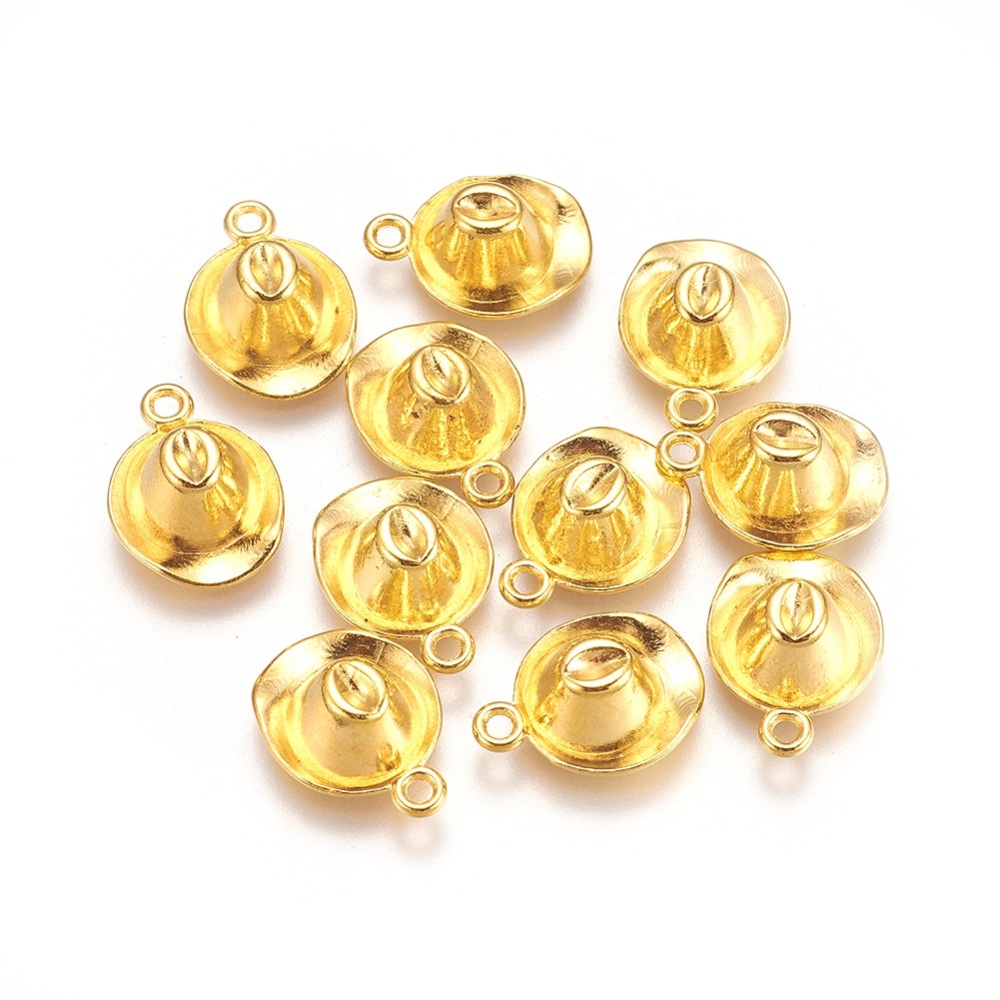 PandaHall Western Cowboy 3D Hat Theme Tibetan Style Charms, Golden, Lead Free and Nickel Free; 17x13x6mm, Hole: 2mm Alloy Hat