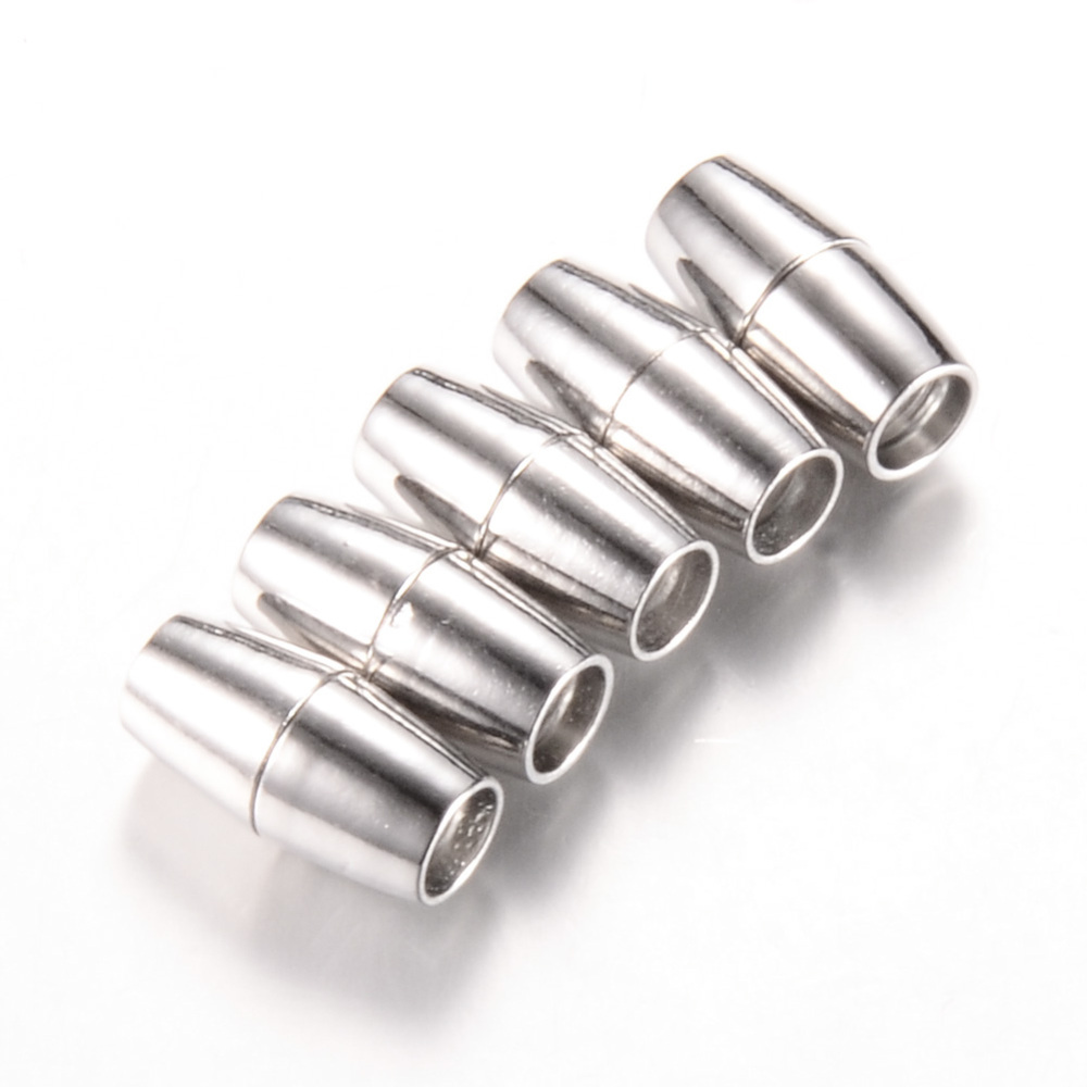 PandaHall Brass Magnetic Clasps, Barrel, Platinum, 15x6mm, Half Hole: 3mm Brass Barrel