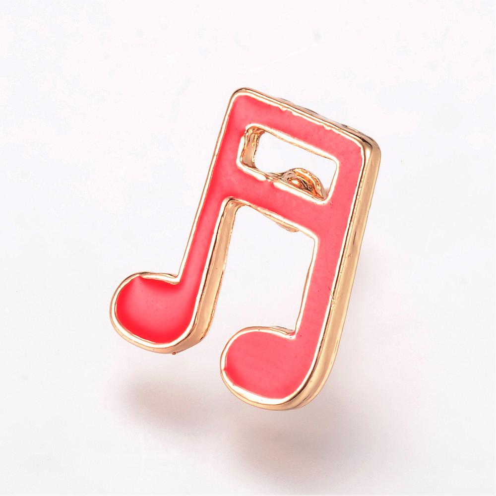 PandaHall Alloy Enamel Brooches, with Brass Finding, Musical Note, Light Gold, Tomato, 15x13mm; Pin: 1.2mm Alloy Red