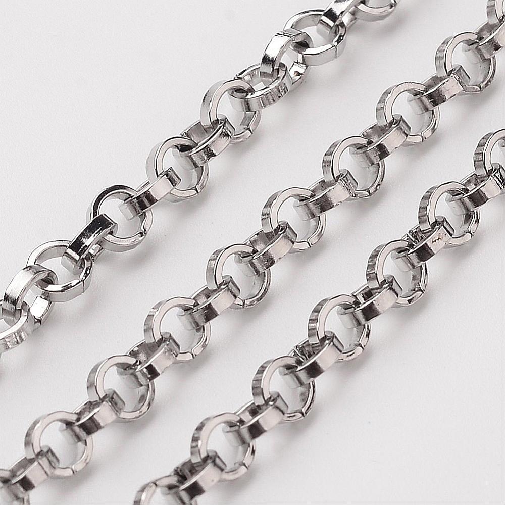PandaHall 304 Stainless Steel Rolo Chains, Stainless Steel Color, 4mm Stainless Steel
