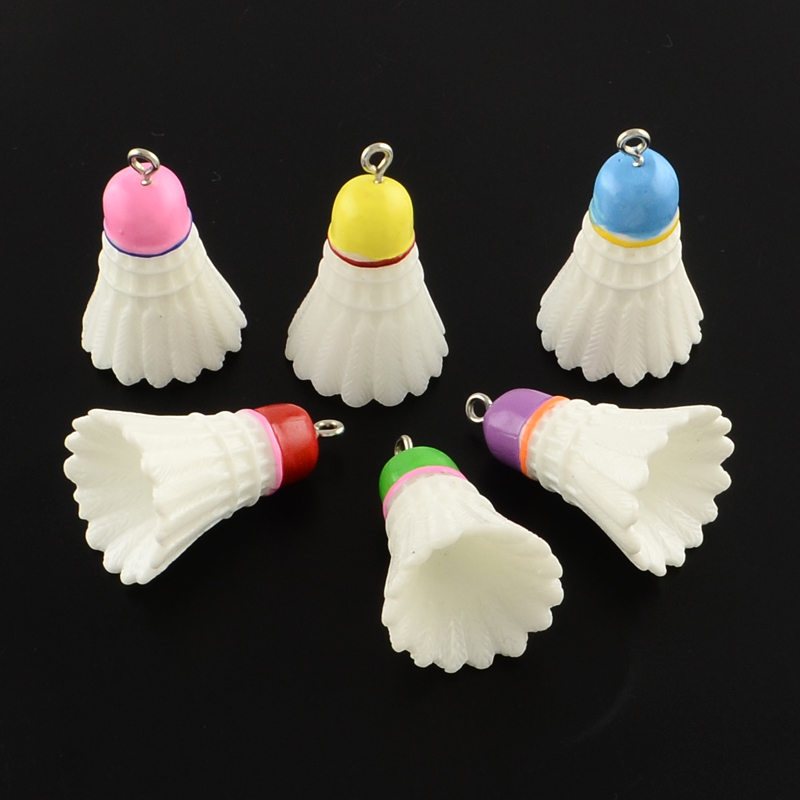 PandaHall Badminton Resin Pendants, with Platinum Tone Iron Findings, Mixed Color, 32x20mm, Hole: 2mm Iron+Resin Sports Goods Multicolor