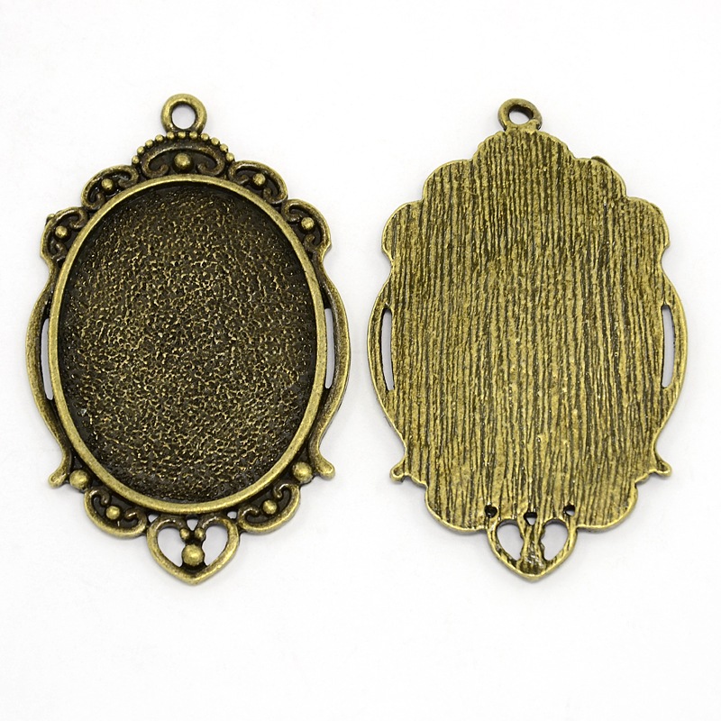 PandaHall Nickel Free Tibetan Style Alloy Oval Pendant Cabochon Settings, Antique Bronze, Tray: 30x40mm; 62x39x2mm, Hole: 3mm Alloy Oval