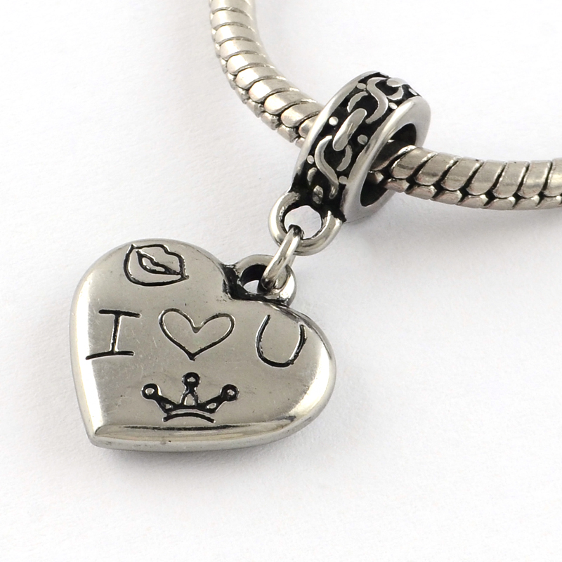 PandaHall Vintage Heart 316 Stainless Steel European Dangle Beads, Large Hole Pendants, Antique Silver, 30mm, Hole: 5mm Stainless Steel...