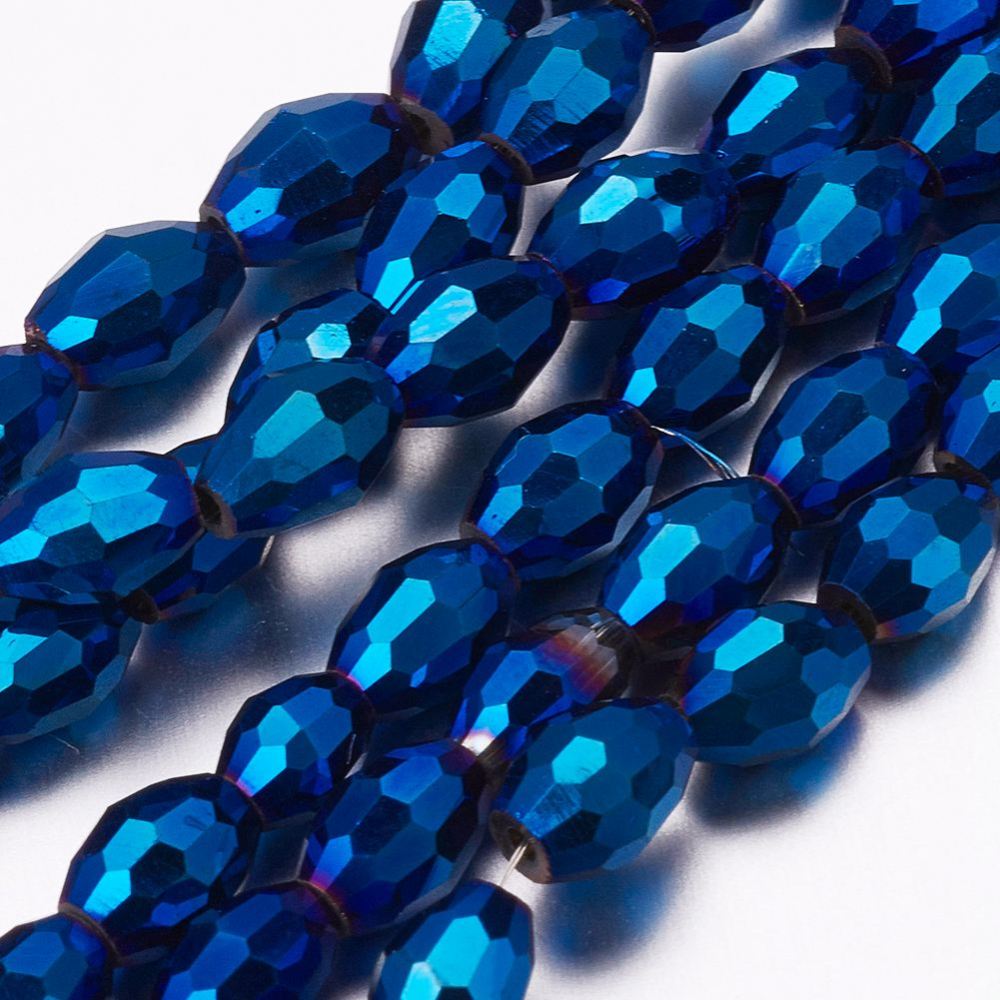 PandaHall Full Plated Glass Faceted Rice Beads Strands, Blue Plated, 6x4mm, Hole: 1mm; about 72pcs/strand, 16" Glass Rice