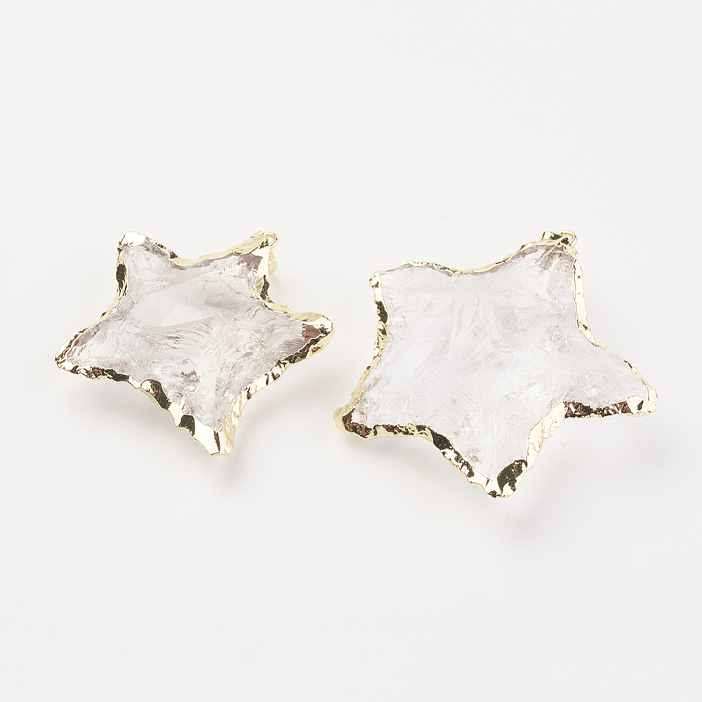 PandaHall Natural Quartz Crystal Pendants, with Brass Findings, Star, Golden, 32~41x32~42x9.5~14mm, Hole: 4x6mm Quartz Crystal Star