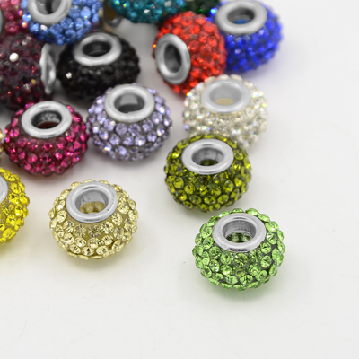PandaHall Resin Rhinestone European Beads, Large Hole Beads, Rondelle, Platinum Metal Color, Mixed Color, 15x10mm, Hole: 5mm Rondelle