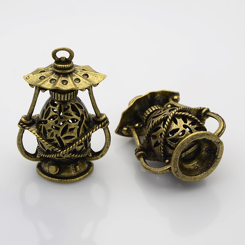 PandaHall Hollow Tibetan Style Alloy Lantern Pendants, Nickel Free, Antique Bronze, 51x32x22mm, Hole: 3mm Alloy Lantern