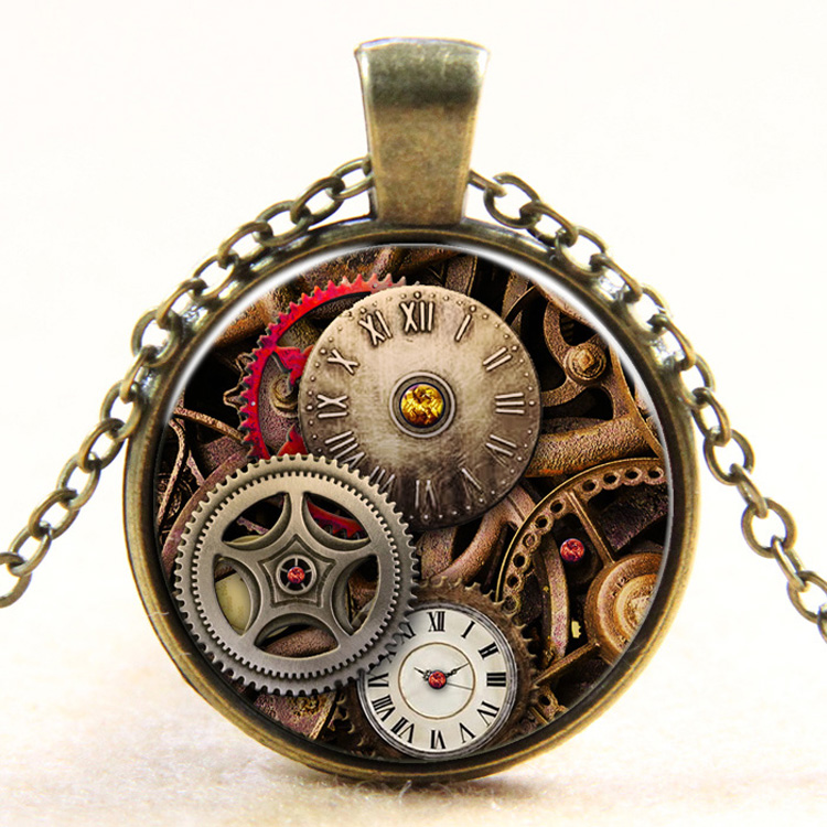 PandaHall Fabulous Dial Plate Gear Pattern Flat Round Glass Pendant Necklaces, with Alloy Chains, Antique Bronze, 18" Glass
