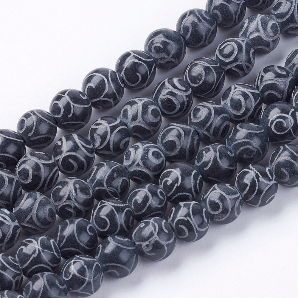 PandaHall Natural Carved Henan Jade Beads Strands, Dyed & Heated, Round, Black, 8mm, Hole: 1mm; about 52pcs/strand, 15.7" Other Jade Round...
