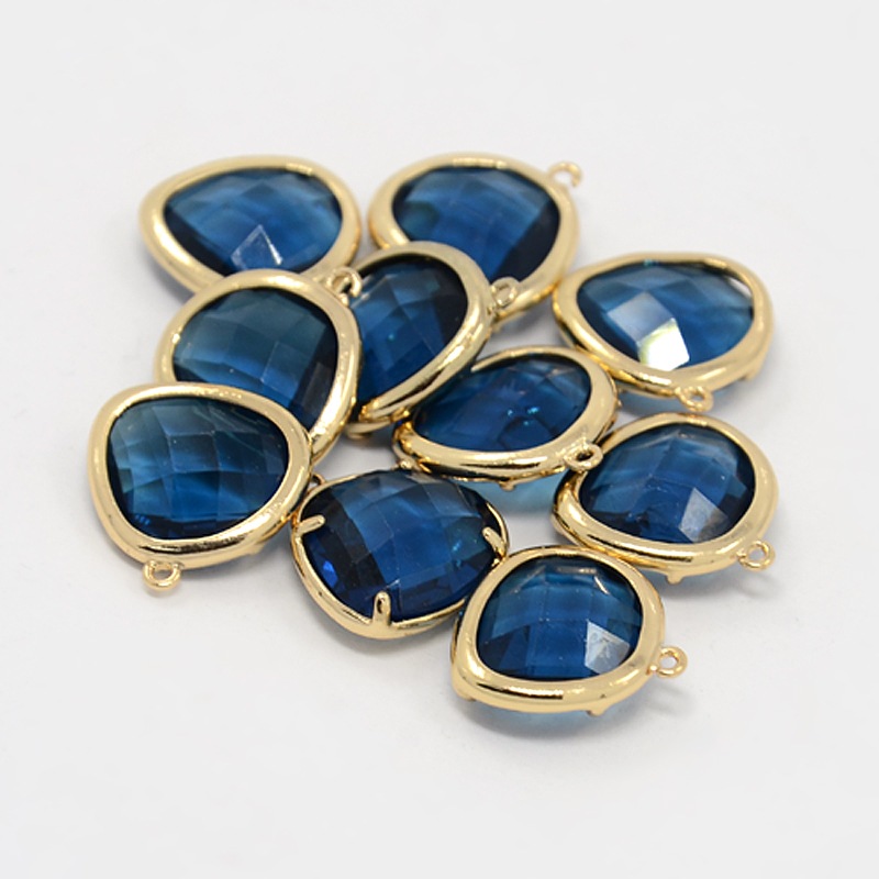 PandaHall Real Gold Plated Brass Glass Pendants, Faceted Triangle Charms, MarineBlue, 16x15x6mm, Hole: 1mm Brass+Glass Triangle Blue