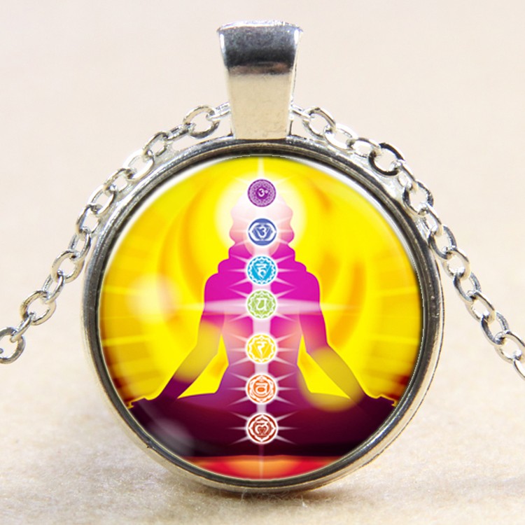 PandaHall Glass Pendant Necklaces, with Alloy Chains, Flat Round with Chakra, Silver, 18" Glass Yellow
