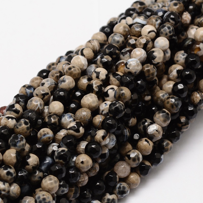 PandaHall Faceted Natural Agate Round Beads Strands, Dyed, Black, 4mm, Hole: 1mm; about 92pcs/strand, 15.3" Natural Agate Round Black