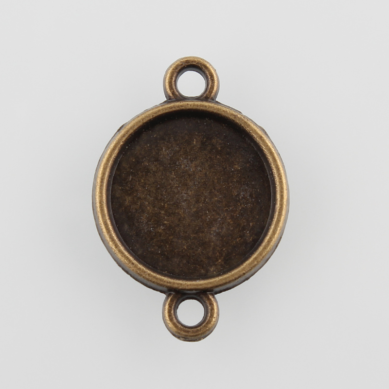 PandaHall Flat Round Alloy Cabochon Connector Settings, Nickel Free, Antique Bronze, Tray: 12mm; 21x15x2mm, Hole: 1.5mm; about 1110pcs/kg...