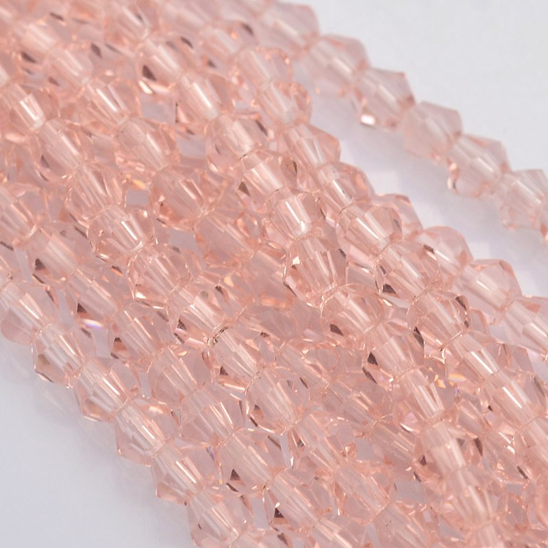 PandaHall Bicone Glass Beads Strands, Faceted, Pink, 4x4mm, Hole: 1mm; about 120pcs/strand, 18.1" Glass Bicone Pink