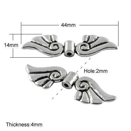 PandaHall Tibetan Style Beads, Cadmium Free & Lead Free & Nickel Free, Wing, Antique Silver, 14x44x4mm, Hole: 2mm Alloy Wing
