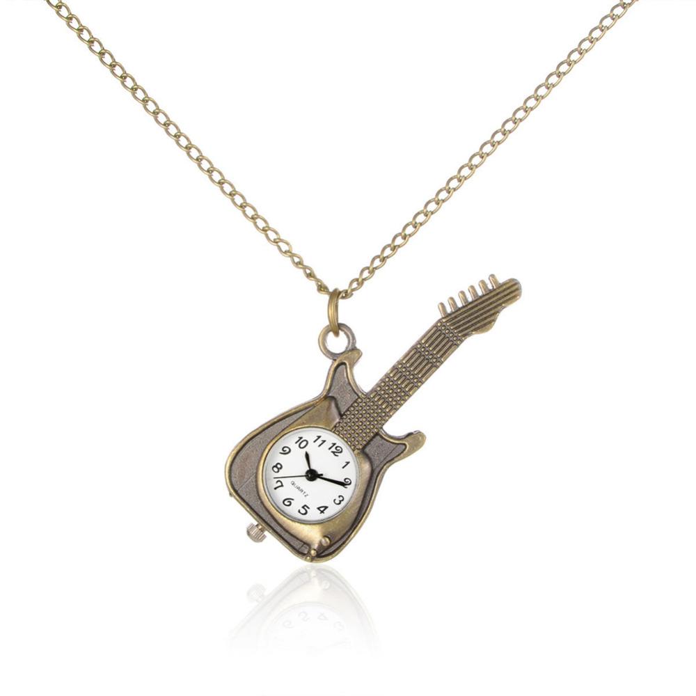 PandaHall Alloy Guitar Pendant Necklace Quartz Pocket Watch, with Iron Chains and Lobster Claw Clasps, Antique Bronze, 31.7"; Watch Head...