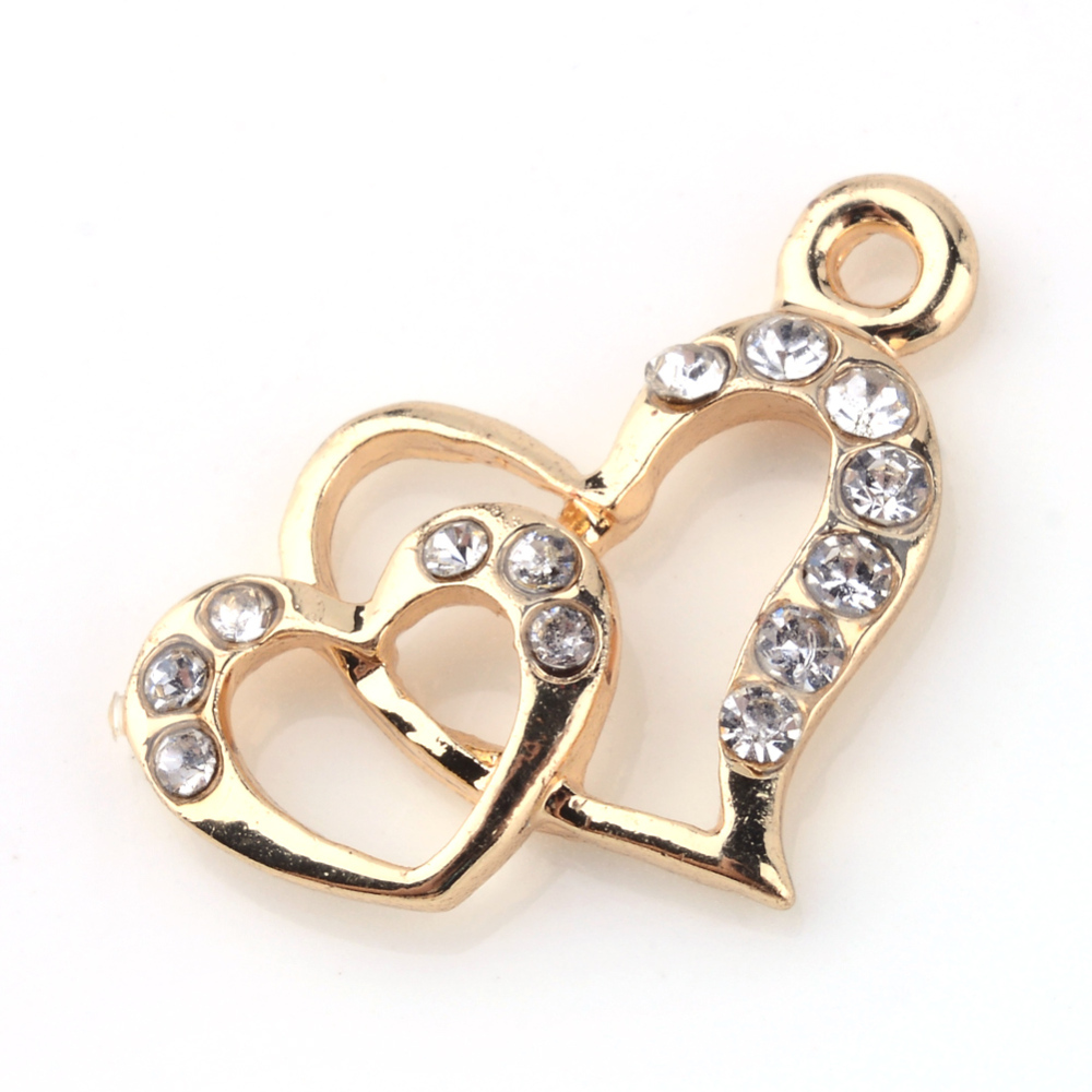 PandaHall Alloy Rhinestone Pendants, Heart to Heart, Light Gold, 14x18.5x3mm, Hole: 1.5mm Alloy+Rhinestone Heart