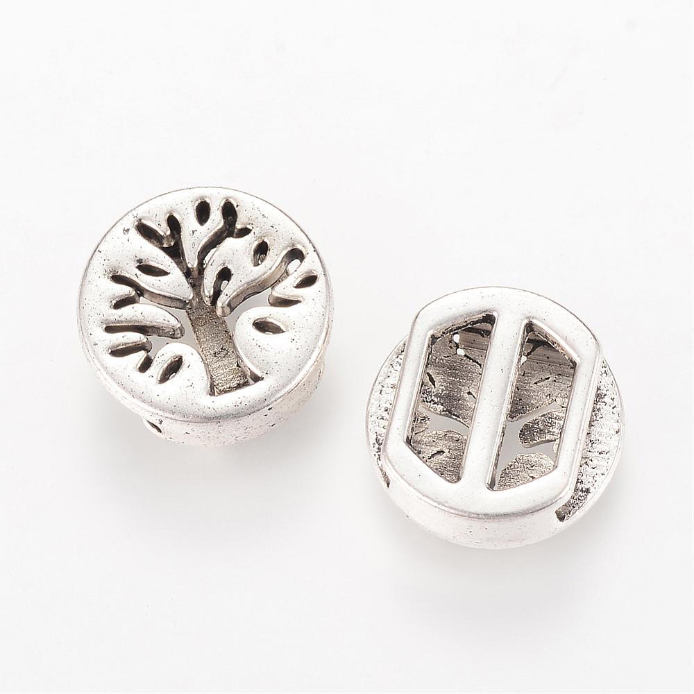 PandaHall Tibetan Style Alloy Slide Charms, Flat Round with Tree, Cadmium Free & Nickel Free & Lead Free, Antique Silver, 14x5mm, Hole: 2mm;...