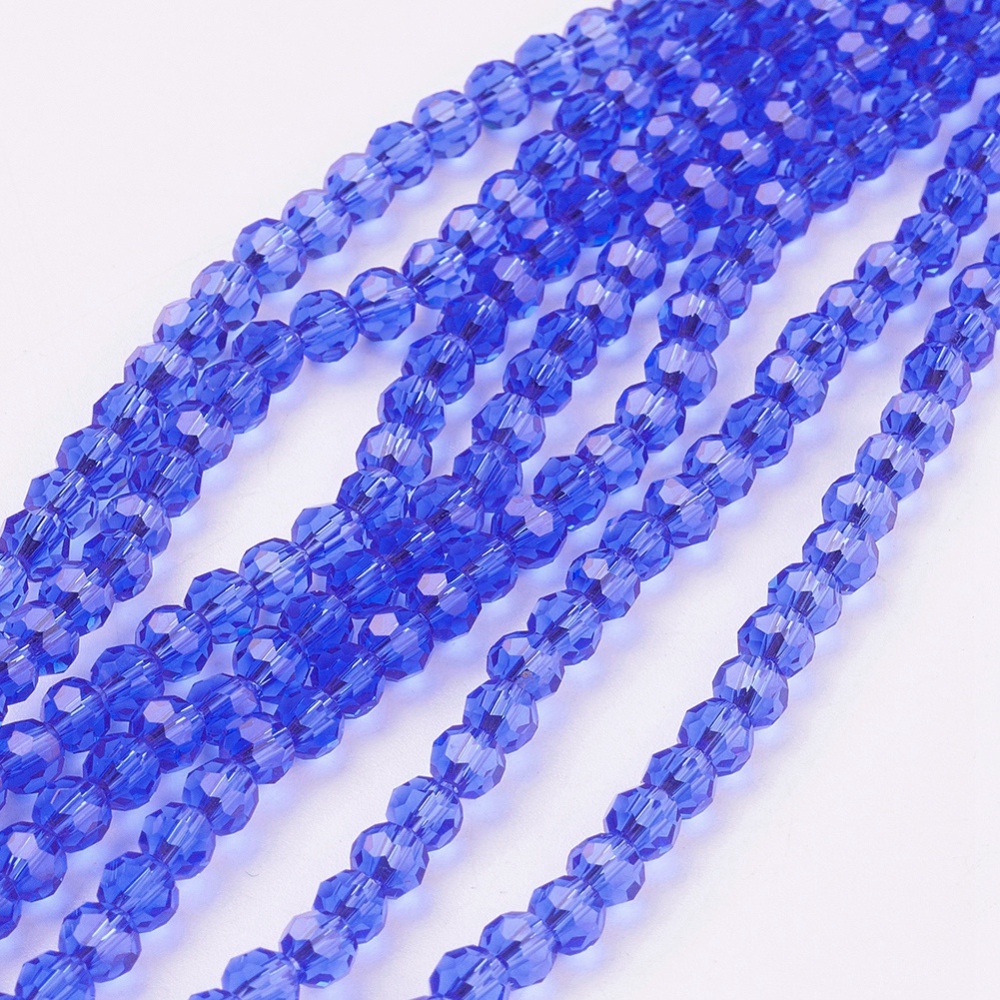 PandaHall Glass Beads Strands, Faceted, Round, Blue, 4mm, Hole: 1mm; about 100pcs/strand, 13.7" Glass Round Blue