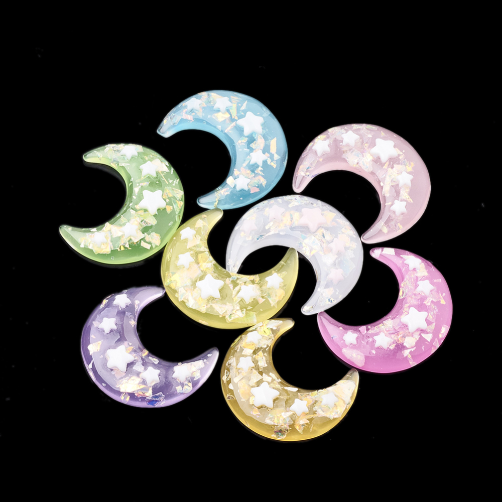 PandaHall Resin Cabochons, with Shell Chip, Moon with Star, Mixed Color, 36x31x7mm Resin Moon Multicolor