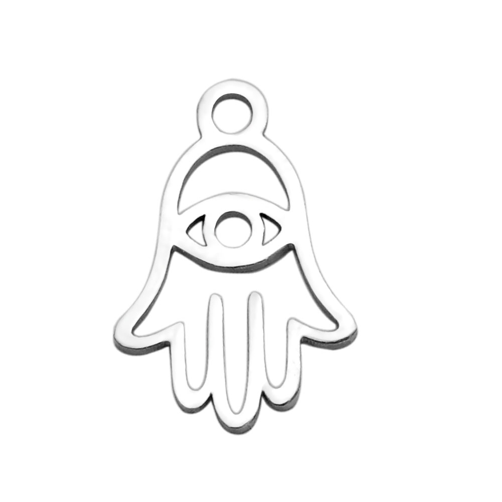 PandaHall 304 Stainless Steel Charms, Hamsa Hand/Hand of Fatima/Hand of Miriam with Eye, Stainless Steel Color, 14.6x9.7x1mm, Hole: 1.5mm...