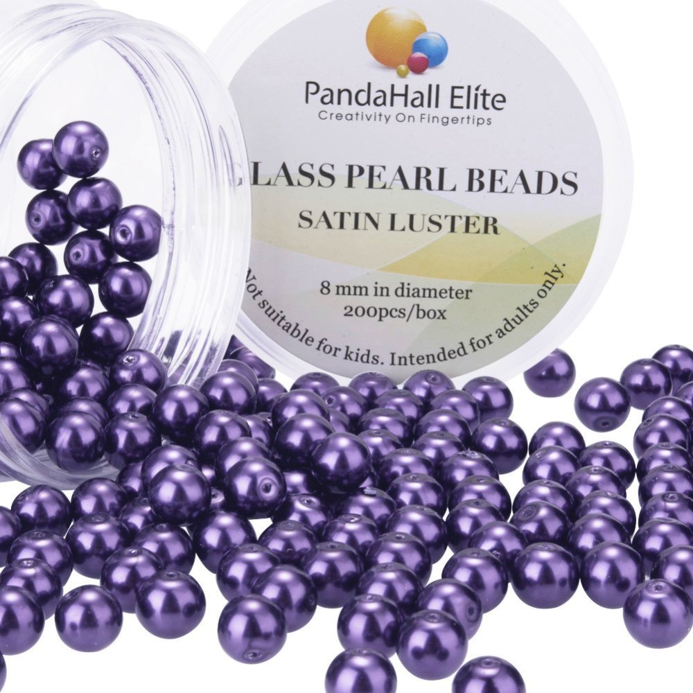 PandaHall Pearlized Glass Pearl Round Beads, Dyed, Indigo, 8mm, Hole: 0.7~1.1mm; about 200pcs/box Glass Round Purple