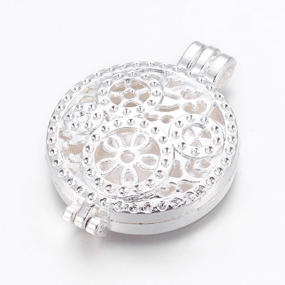 PandaHall Tibetan Style Diffuser Locket Pendants, Lead Free, Hollow Style, Flat Round, Silver, 44x33x9mm, Hole: 6x4mm, Tray: 30mm, Fit for...