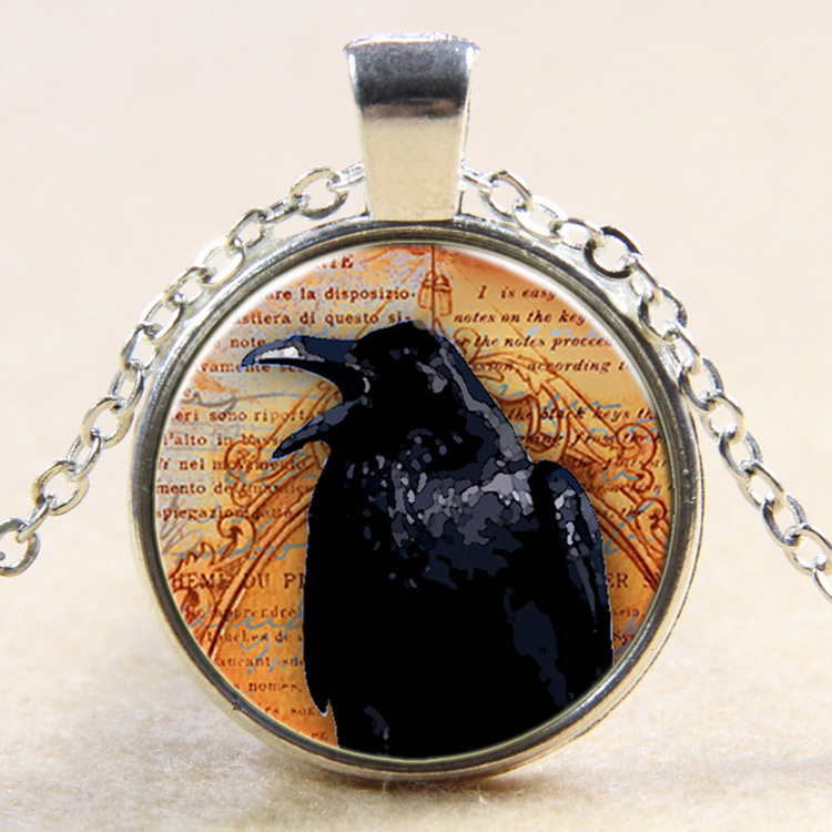 PandaHall Flat Round with Halloween Crow Glass Alloy Pendant Necklaces, Silver, 17.7" Glass