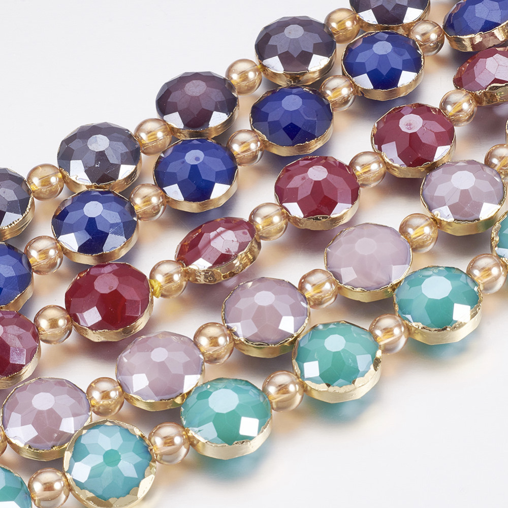 PandaHall Opaque Glass Beads Strands, with Brass Findings, Pearl Luster Plated, Faceted, Flat Round, Golden, Mixed Color, 14x9mm, Hole: 1mm;...