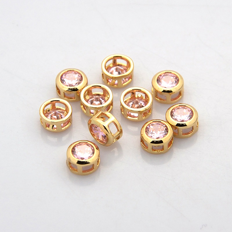 PandaHall Real Gold Plated Brass Rhinestone Beads, Flat Round, Light Rose, 7x4mm, Hole: 2x2mm Brass+Rhinestone Flat Round