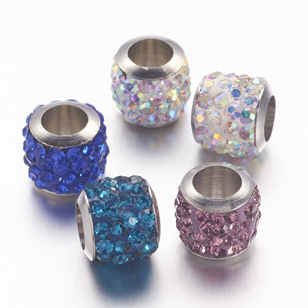 PandaHall Brass Pave Polymer Clay Grade A Rhinestone Column European Beads, Mixed Color, 8.5x7.5mm, Hole: 5mm Column