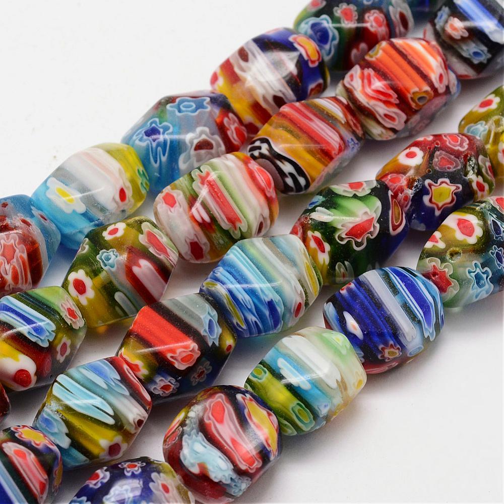 PandaHall Handmade Millefiori Glass Bead Strands, Faceted, Cuboid, Colorful, 15x10x10mm, Hole: 1mm; about 22~25pcs/strand, 15.7" Millefiori...