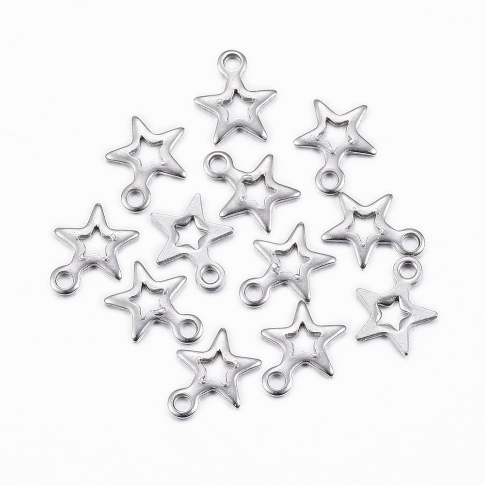 PandaHall 304 Stainless Steel Charms, Star, Stainless Steel Color, 8.5x7x0.8mm, Hole: 1.2mm Stainless Steel Star