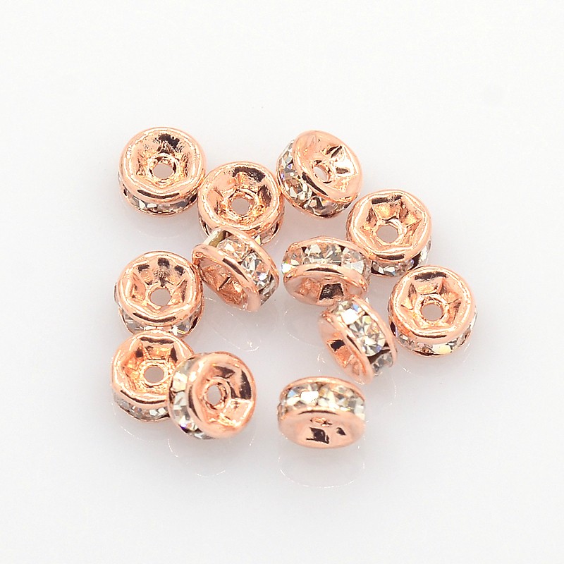 PandaHall Brass Rhinestone Spacer Beads, Grade AAA, Straight Flange, Nickel Free, Rose Gold, Rondelle, Crystal, 4x2mm, Hole: 1mm...