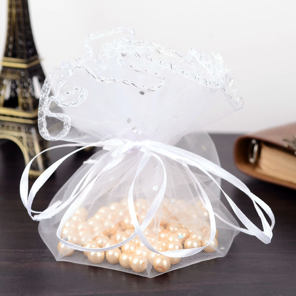 PandaHall Round Organza Bags, with Sequins, Gift Bags, White, 26cm Organza Round White