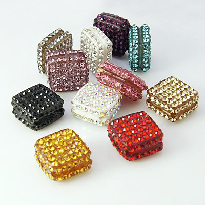PandaHall Resin Rhinestone Beads, Grade A, Square, Mixed Color, 16x16x8mm, Hole: 2mm Resin+Rhinestone Square Multicolor