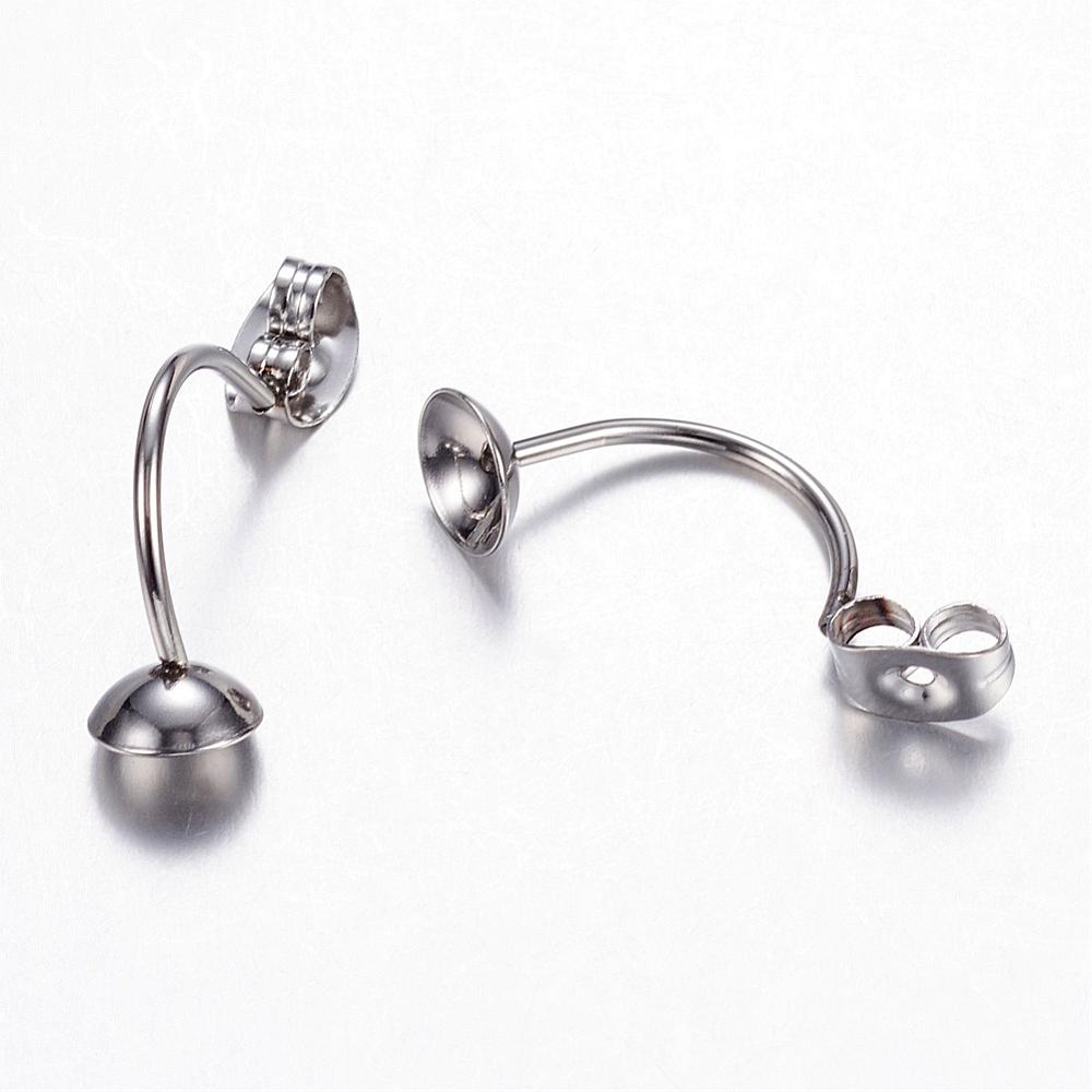 PandaHall 304 Stainless Steel Stud Earring Settings, Stainless Steel Color, Tray: 5mm; 23x6x3mm, Pin: 1mm Stainless Steel