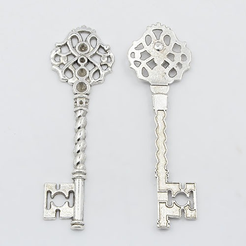 PandaHall Key Tibetan Style Pendant Rhinestone Settings, Lead Free and Cadmium Free, Antique Silver Color, 68x20.5x3mm, Hole: 1mm Alloy Key