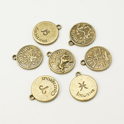 PandaHall Tibetan Style Pendants, Flat Round with Mixed Constellation/Zodiac Sign, Antique Golden, 20x17x2mm, Hole: 2mm; about 175pcs/500g...