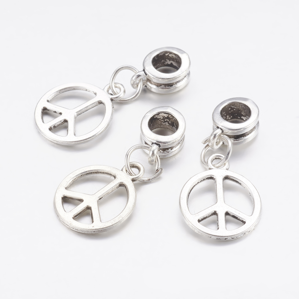 PandaHall Antique Silver Alloy European Dangle Beads, Peace Sign, Lead Free and Cadmium Free, about 30mm long, 14mm wide, 5mm thick, hole...